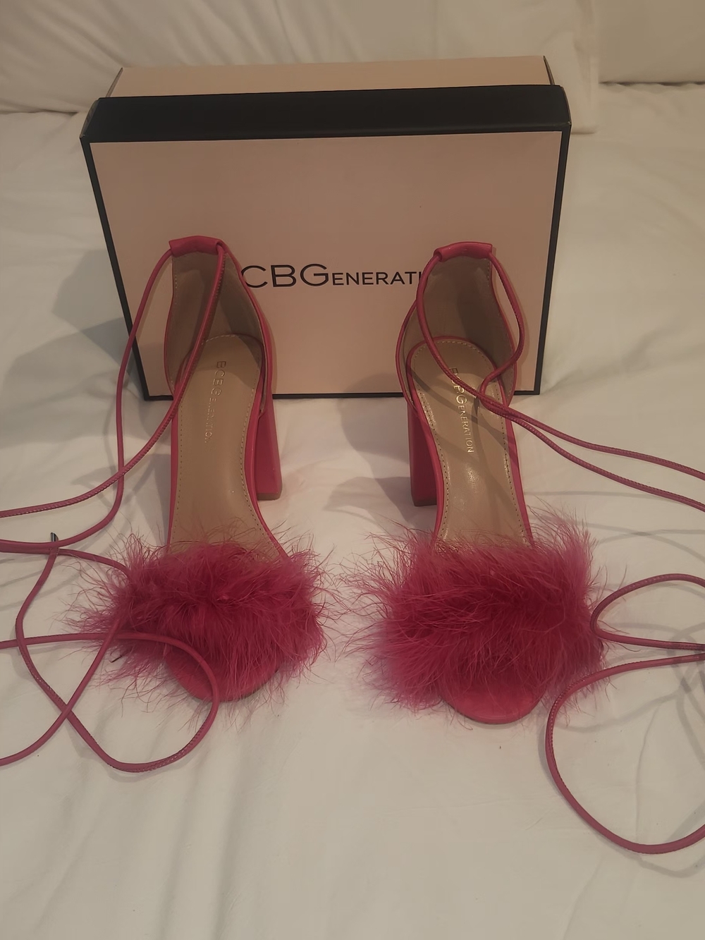 BCBGeneration Hot Pink Feather Tie Block Heels